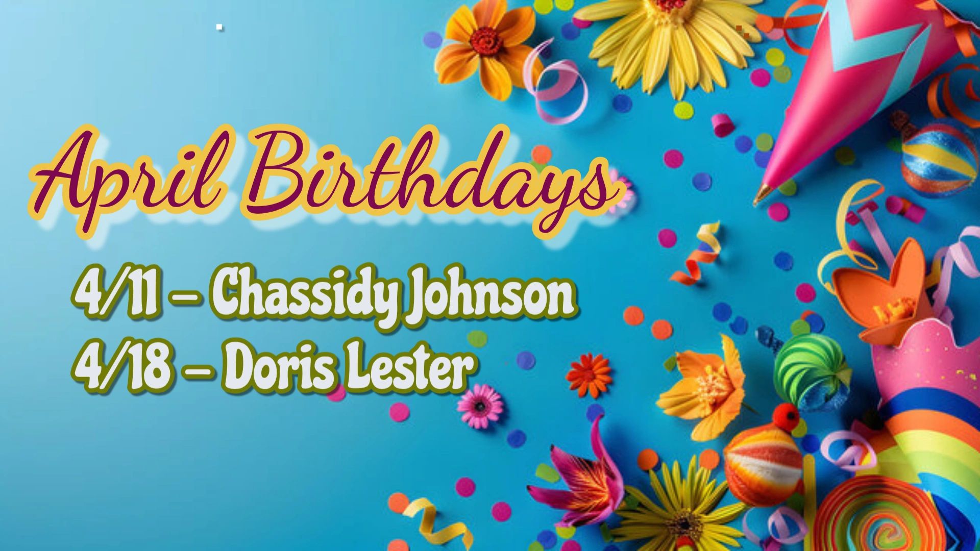 Colorful April birthday announcement with flowers and party decorations.