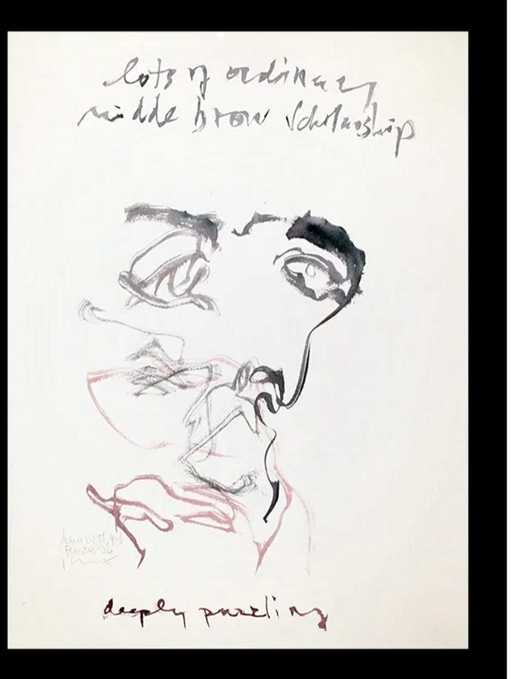 Abstract sketch of a face with handwritten notes and expressive lines.