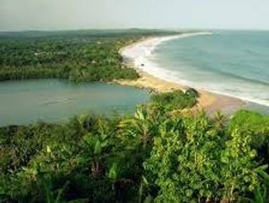 A lush green coastal landscape with a long beach meeting the ocean.