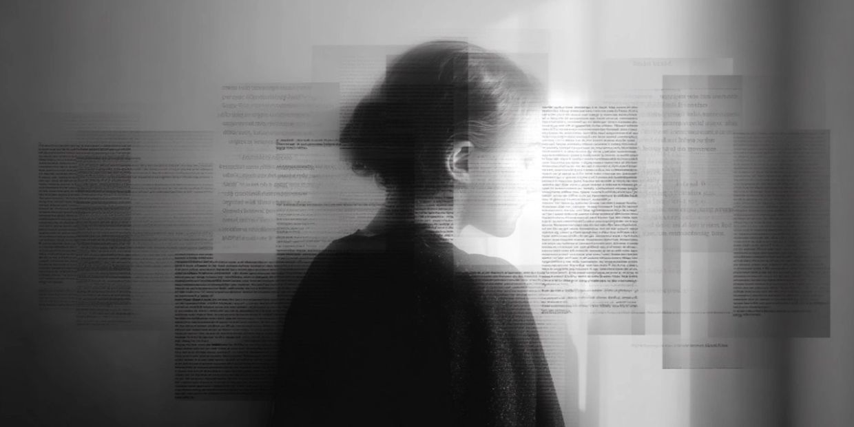 Black and white image of a woman with text overlays, symbolizing thoughts or information.