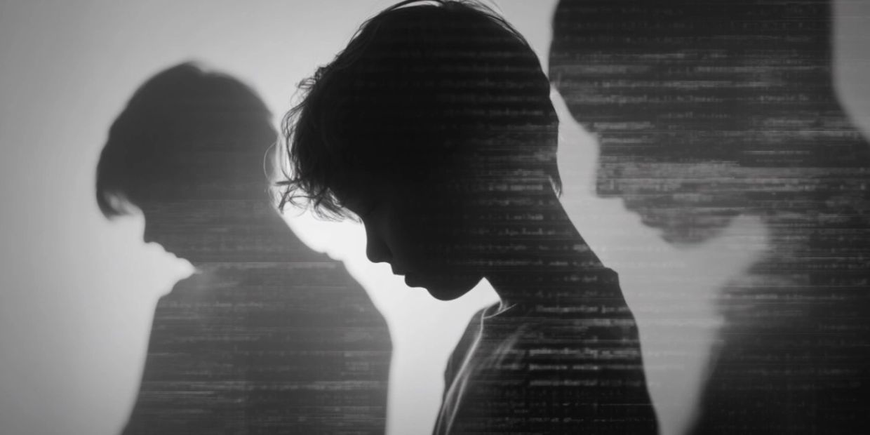 Silhouettes of children with downcast expressions in a somber black and white tone.