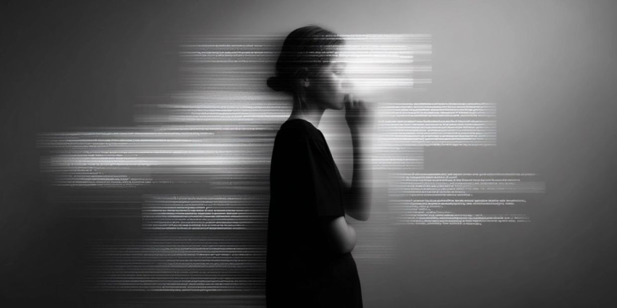 Silhouetted person amidst flowing lines of digital code, symbolizing deep thought and technology.