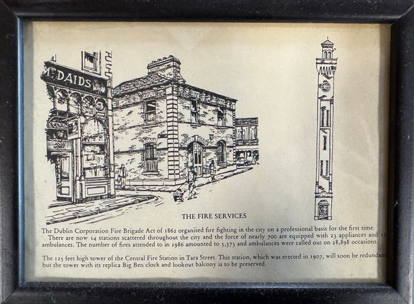 Historic drawing and description of Dublin's fire services and Central Fire Station tower.