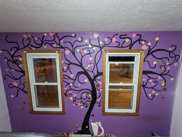 Childs Room, Heart tree and Cat, Glitter painted hearts 