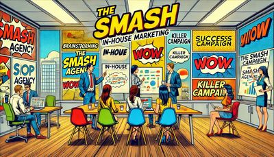 Colorful office scene with a team brainstorming marketing campaigns at The Smash Agency.