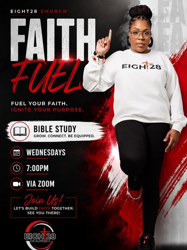 Woman promoting Eight28 Church Bible study via Zoom.