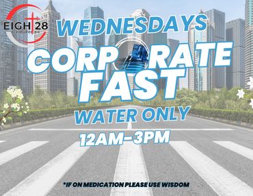 Promotional flyer for 'Corporate Fast' Wednesdays from 12AM to 3PM, water only.
