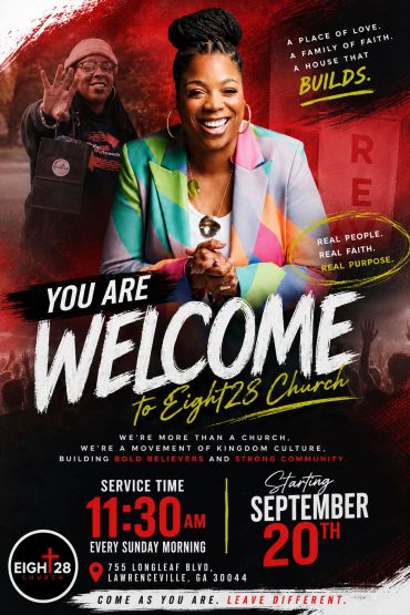 Church welcome poster for Eight28 Church with service details and inspirational text.