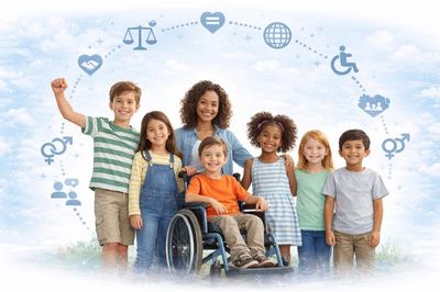 Diverse children, including one in a wheelchair, stand together smiling with symbols of equality and inclusion above them.