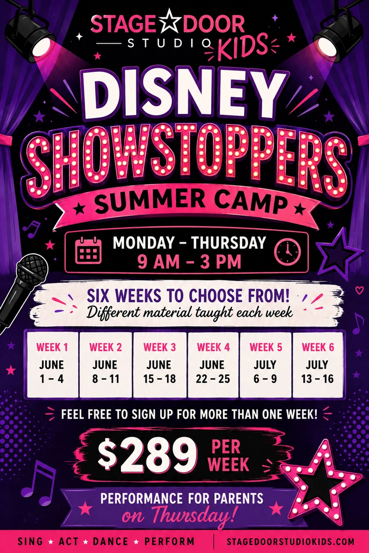 Disney Showstoppers summer camp for kids, Monday to Thursday, 9 AM to 3 PM.
