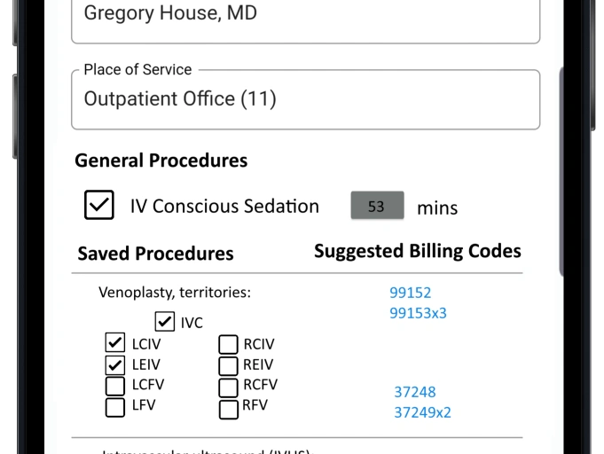 Screenshot showing Medmio automated medical coding forms, where CPT codes auto populate.