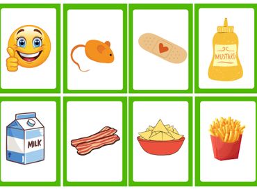 Set of cartoon food and emoji icons including milk, bacon, and fries.