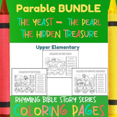 Coloring pages bundle for Bible parables: The Yeast, The Pearl, The Hidden Treasure.