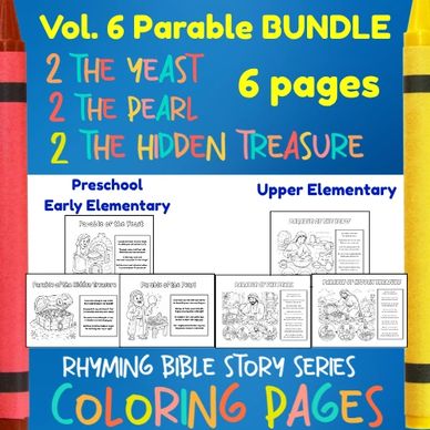 Bundle of 6 rhyming Bible story coloring pages for various ages.