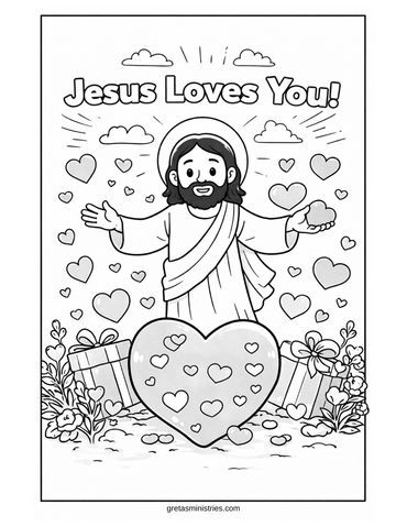 Illustration of Jesus with hearts and gifts, captioned 'Jesus Loves You!'.