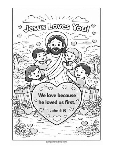 Jesus surrounded by happy children with a heart-shaped Bible verse.