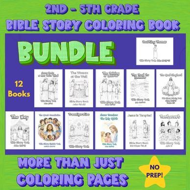 Bible story coloring book bundle for 2nd-5th graders with 12 books included.