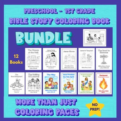 Preschool to 1st grade Bible story coloring book bundle with 12 books.