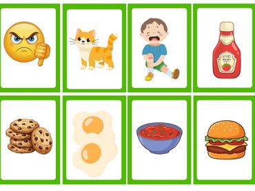 Cards showing emotions, animals, injuries, and food items.