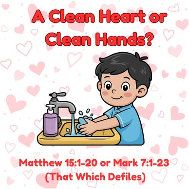 Illustration of a boy washing hands with a message about clean hearts and hands.