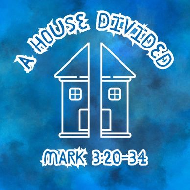 Illustration of a divided house with a biblical reference on a blue background.