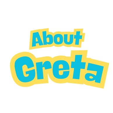 Logo with the text 'About Greta' in blue and yellow colors.