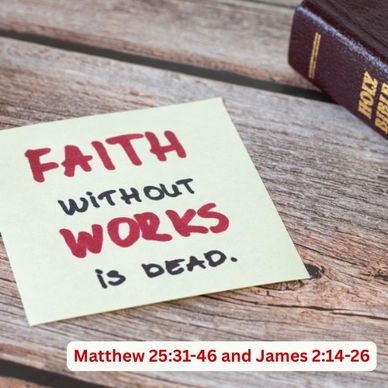 Sticky note with message 'Faith without works is dead' beside a Bible on wooden surface.