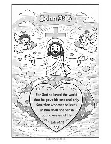 Cartoon Jesus with angels and hearts around the world, featuring a Bible verse about God's love.