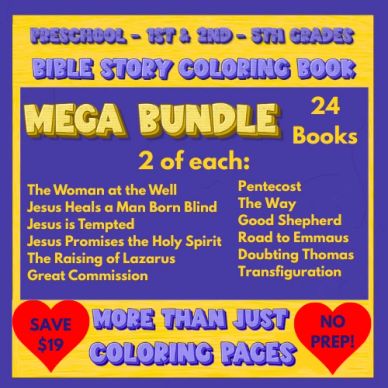 Bible story coloring book mega bundle for preschool to 5th grade.