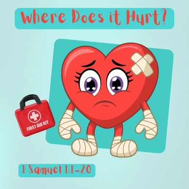 Sad heart character with bandages and first aid kit asking, "Where does it hurt?"