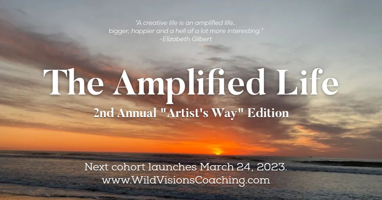 Sunset background with text about The Amplified Life artist coaching launch.