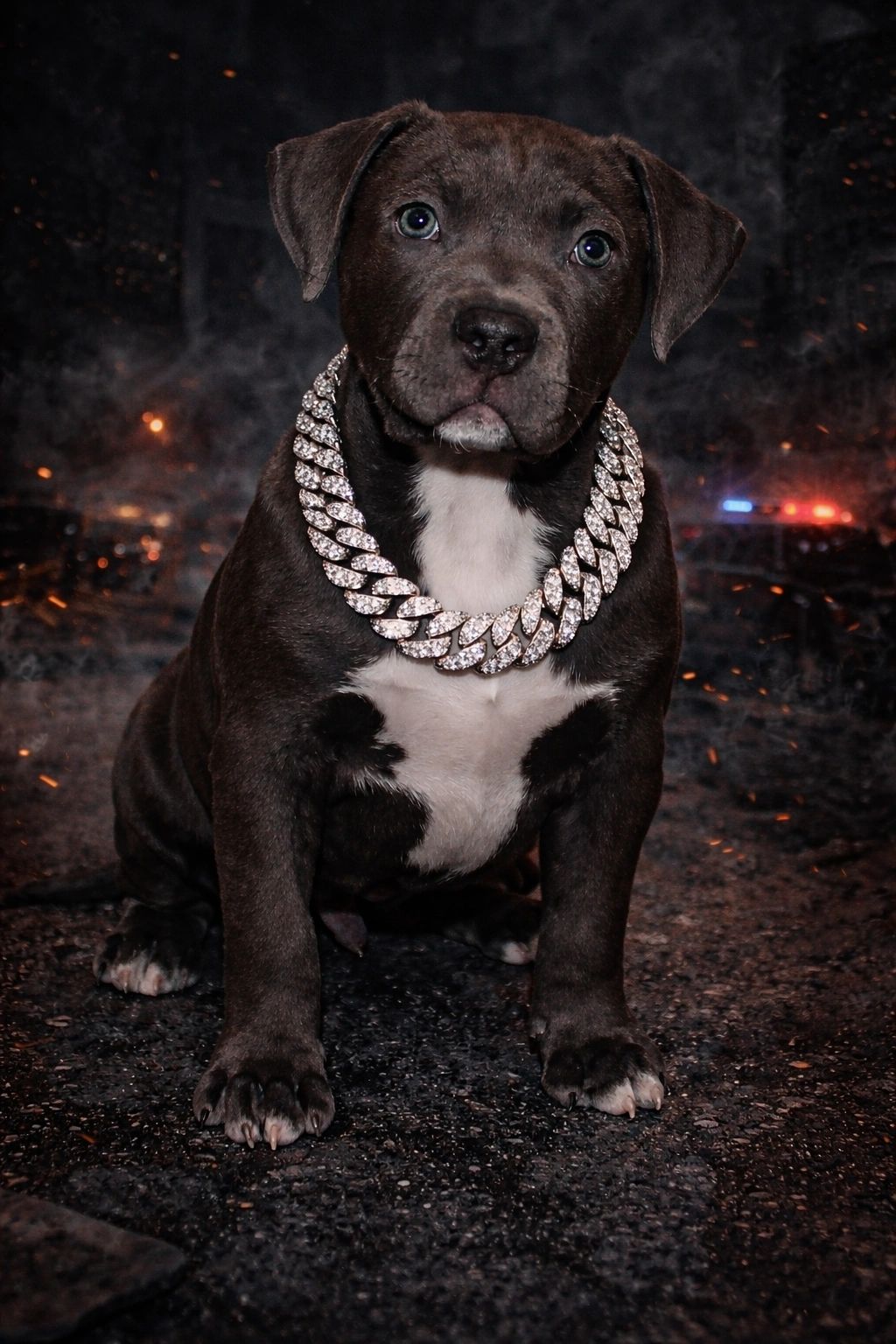 A cute black and white puppy wearing a large diamond chain necklace.