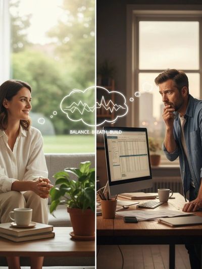 Split image of woman and man communicating through thought bubbles with heartbeat lines.