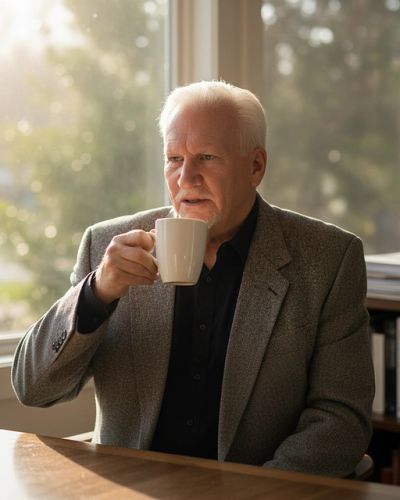 An elderly man drinking coffee by the window.