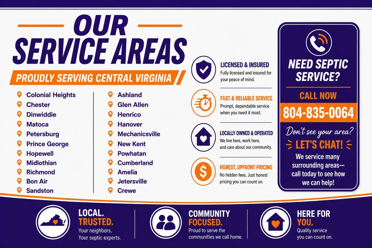 Septic service areas and contact info in Central Virginia with trust and community focus.