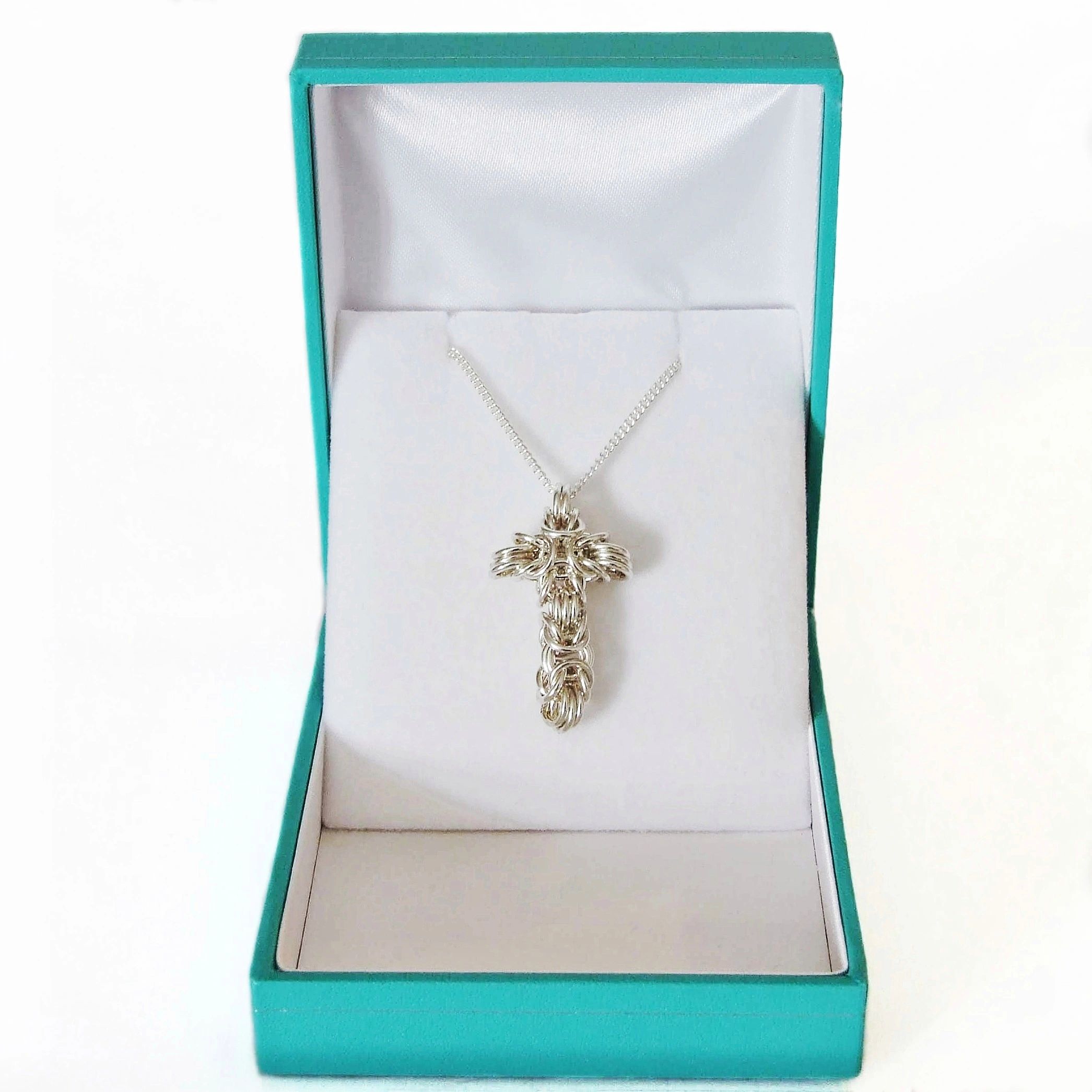 Cross pendant handmade Celtic chainmaille byzantine silver fill sterling silver chain clasp gift box