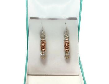 Handmade chainmaille earrings Byzantine weave, silver fill &  copper linking rings, gift box include