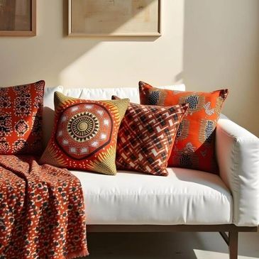 White sofa with vibrant orange and patterned pillows and a matching throw.
