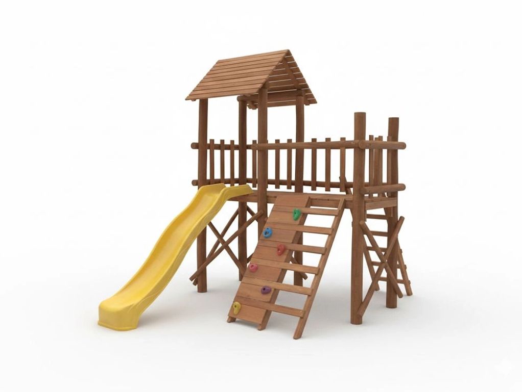 Wooden playground set with slide and climbing wall.