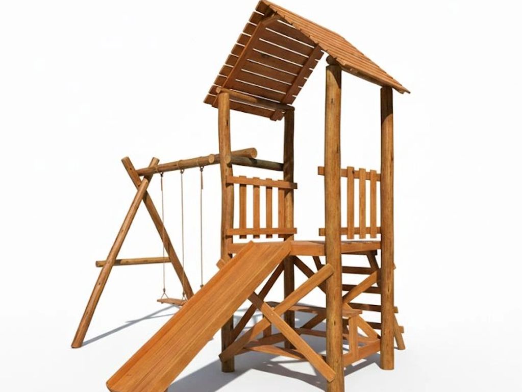 Wooden playground set with slide and swing.