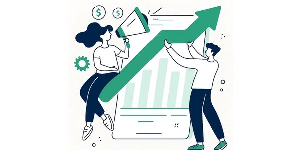 Two people promoting growth with an upward arrow and megaphone.