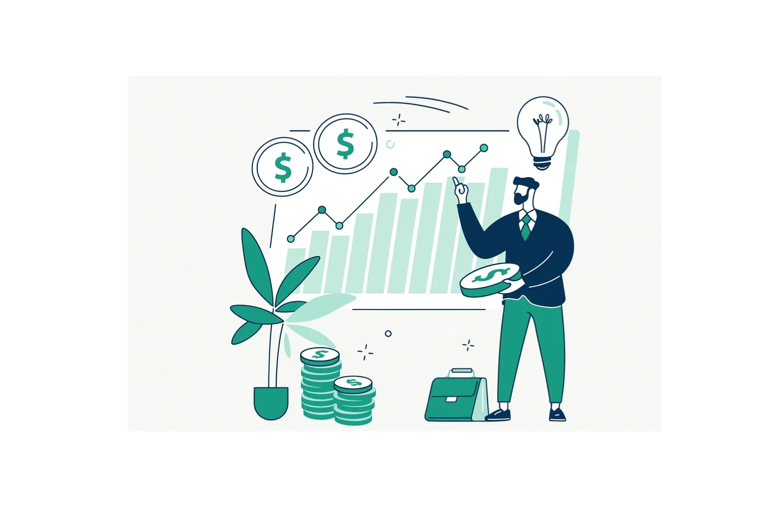 Businessman analyzing growth and financial success with coins and charts.