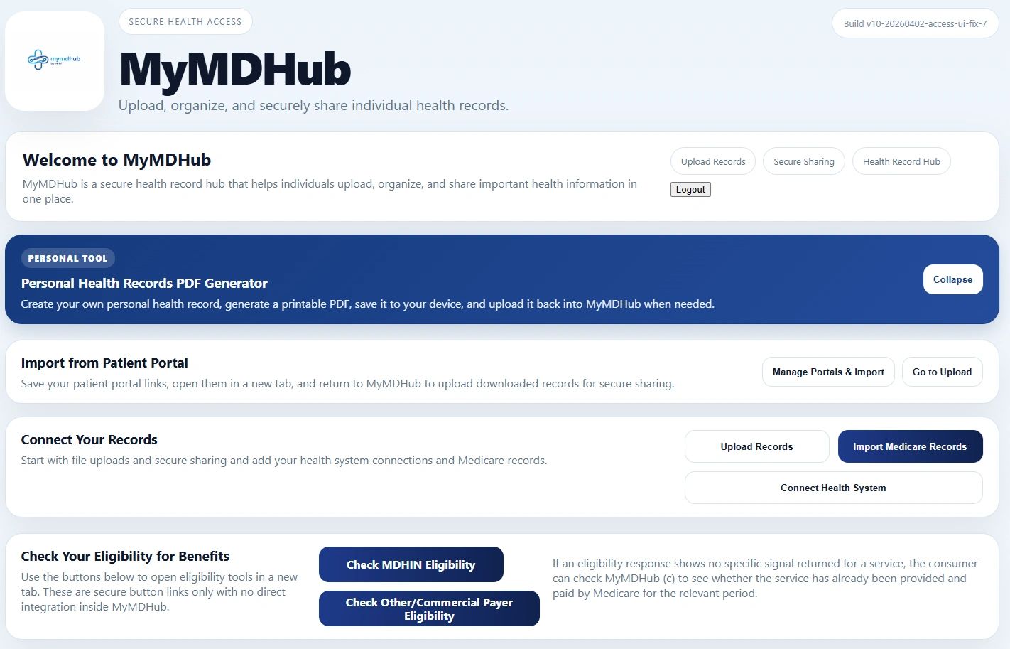 MyMDHub interface for uploading, organizing, and sharing personal health records securely.