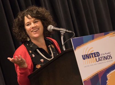 Valerie Lapin Ganley, Producer/Director/Writer, The Long Ride, a film about the historic 2003 Immigrant Workers Freedom Ride, addressing the United Latinos of the United Food and Commercial Workers International Union Conference