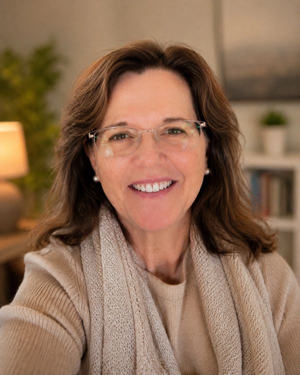 Smiling woman with glasses and scarf indoors.