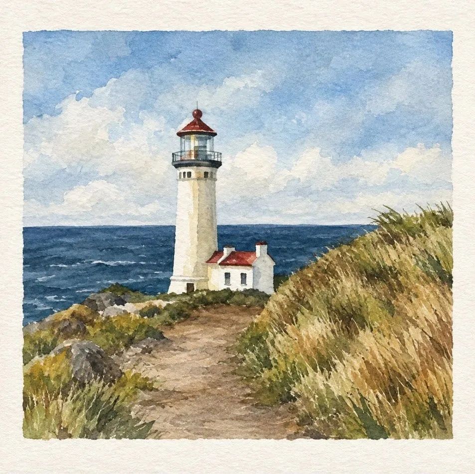 Lighthouse off the Oregon Coast. Watercolor by T. Gibbons