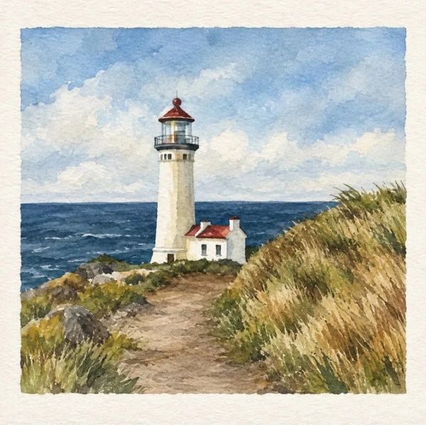 A lighthouse by the sea on a grassy cliff. Lighthouse off the Oregon Coast. Watercolor by T. Gibbons