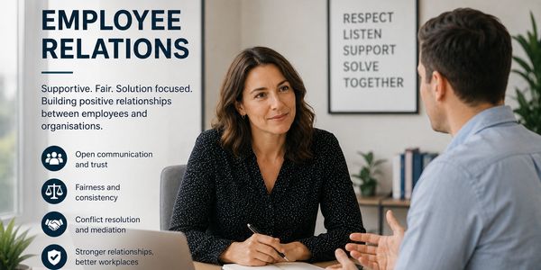 Two professionals discussing employee relations focused on trust and fairness.