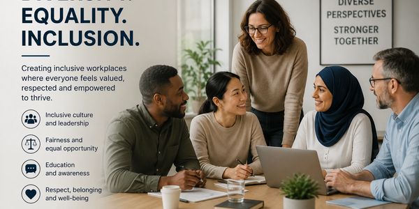 Diverse group collaborating in an inclusive workplace promoting equality and respect.