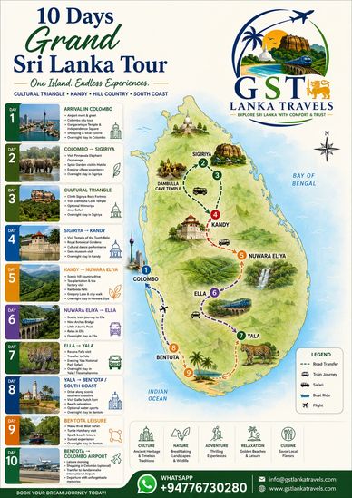 10-day grand Sri Lanka tour itinerary with key destinations and activities.